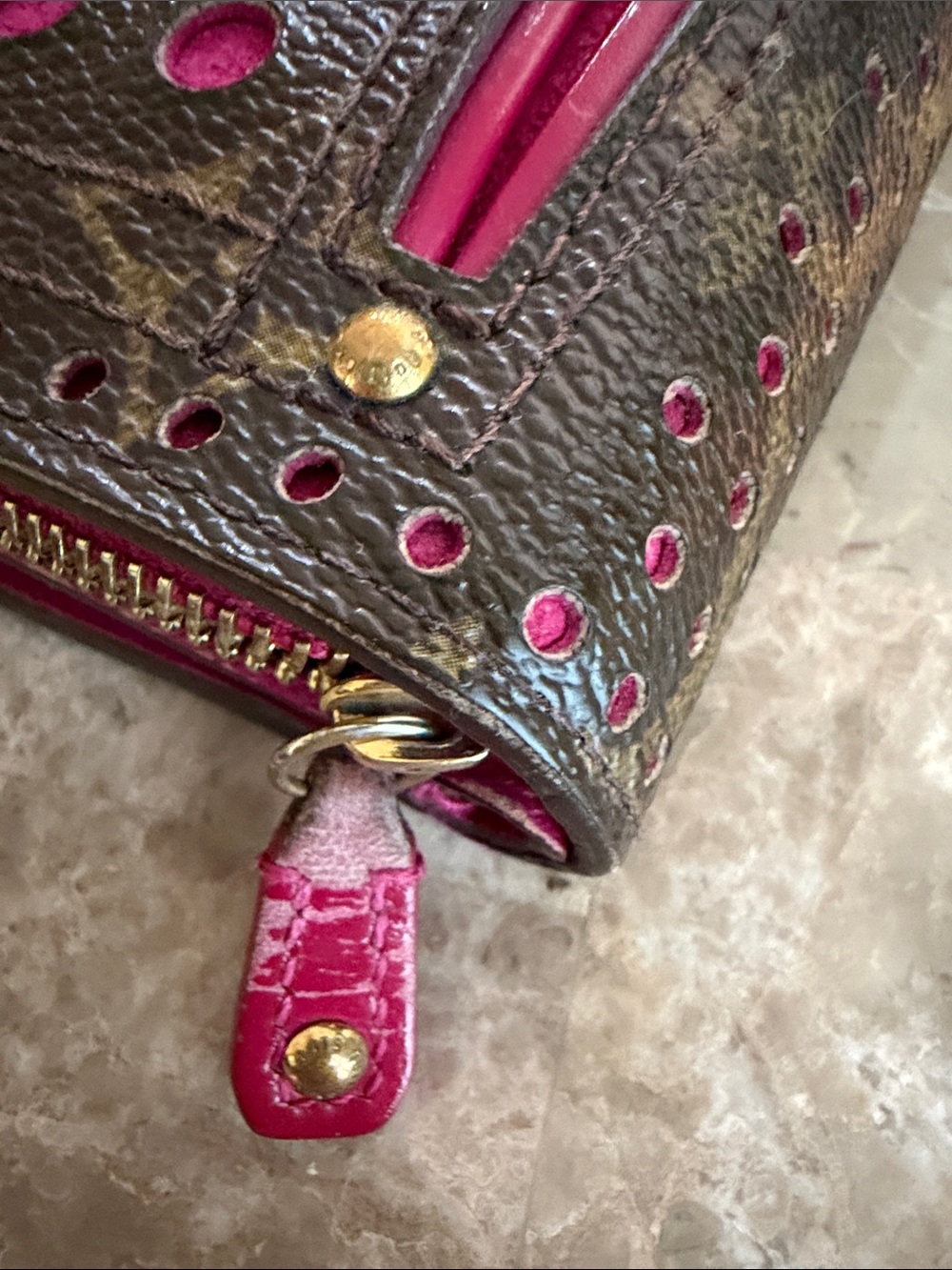 Louis Vuitton Auth Monogramed Perforated Compact Zipper Fuschia wallet /dustbag - Picture 13 of 17